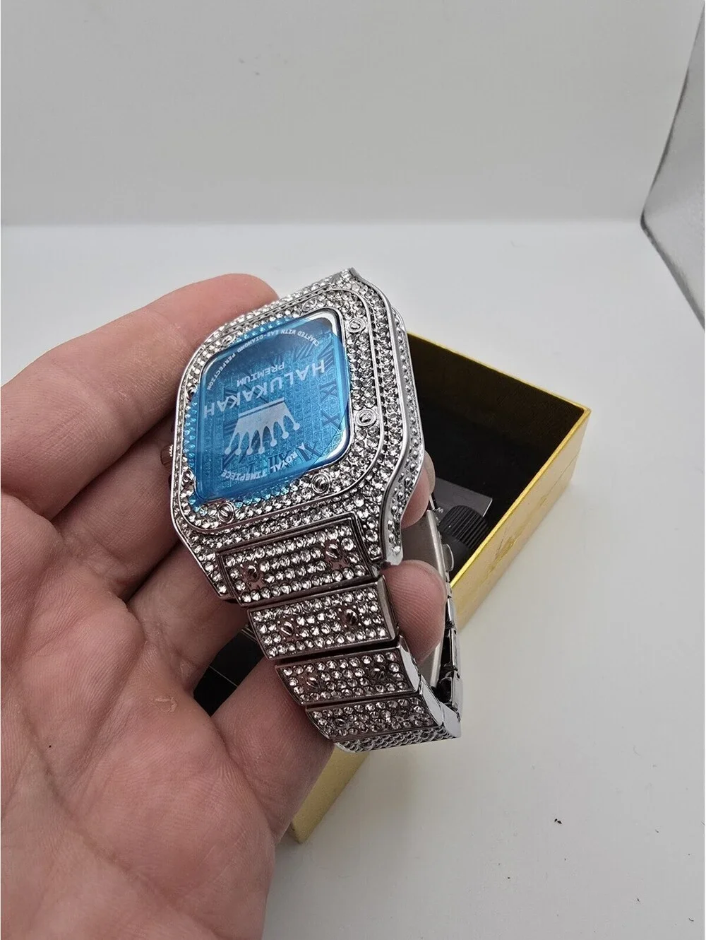 Mens Silver Tone Iced Out Square Watch Roman Dial Crystal Bezel New In Box